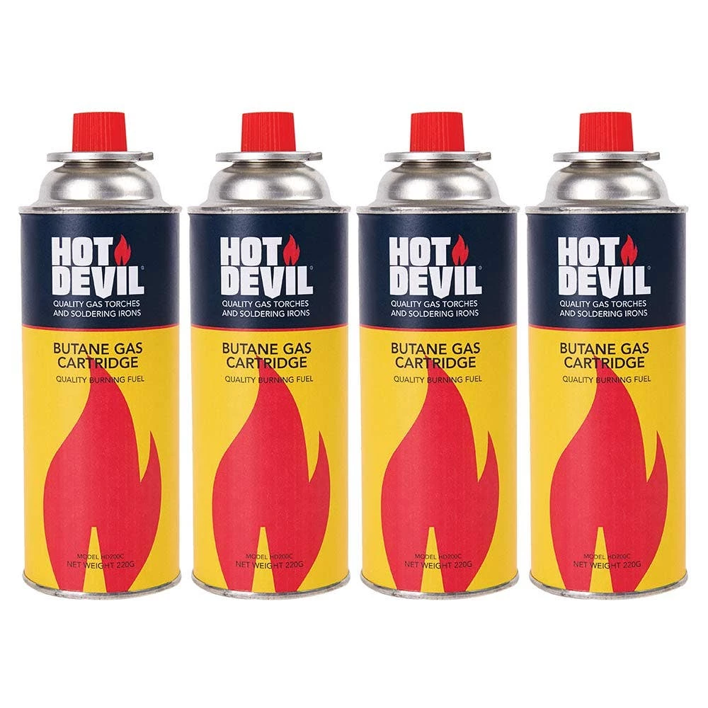 HOT DEVIL 220g Premium Butane Gas Cartridge - 4 Pack HD200C 1 HOT DEVIL 220g Premium Butane Gas Cartridge - 4 Pack HD200C